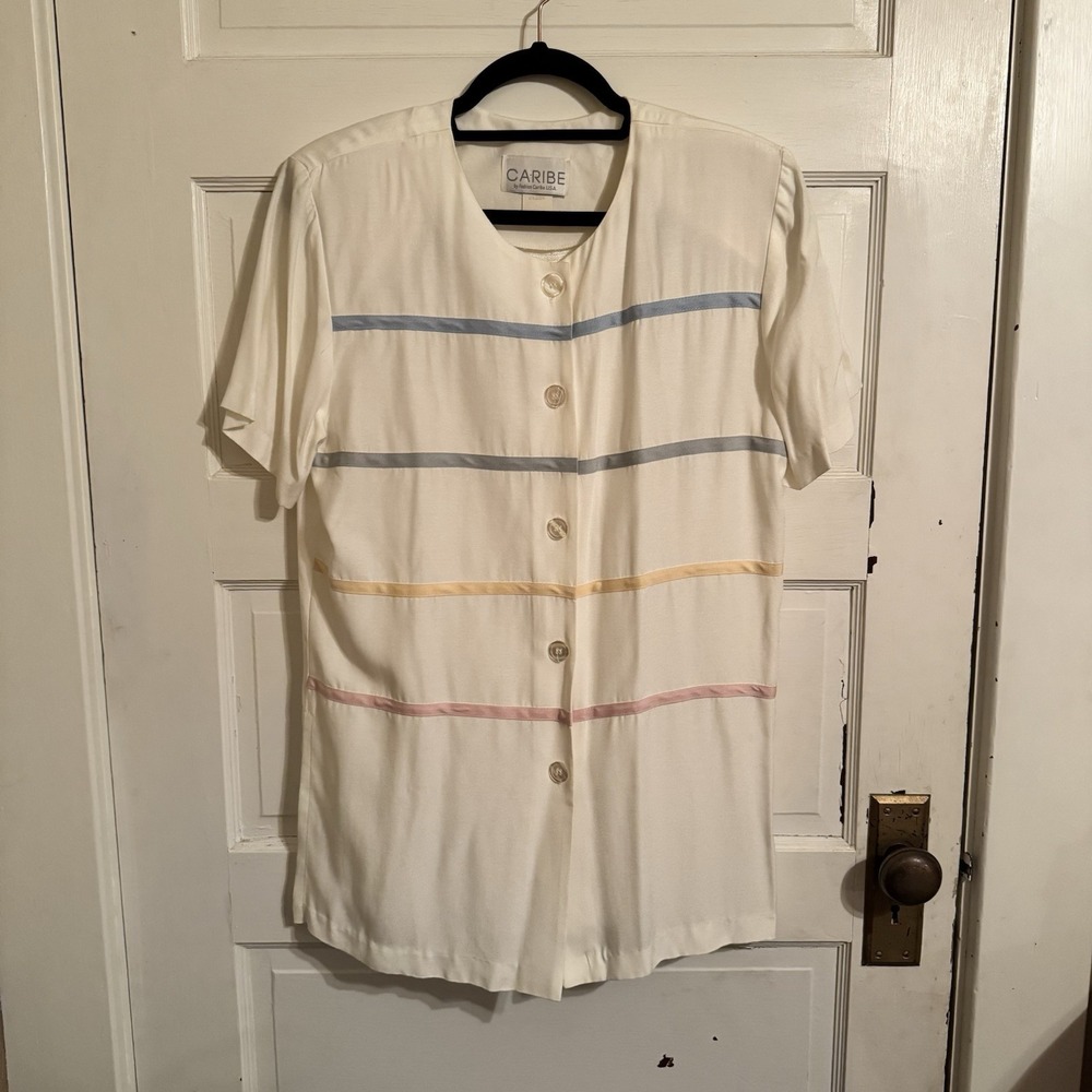 Caribe By Fashion Caribe USA Women's Vtg Button Up Top‎ Rainbow Stripes Sz Small